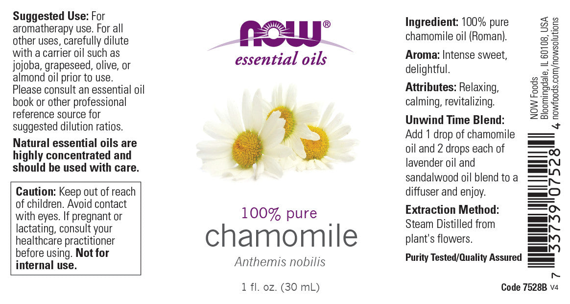 NOW Essential Oils, Chamomile Oil, Delightful Aromatherapy Scent, Steam Distilled, 100% Pure, Vegan, Child Resistant Cap, 1-Ounce