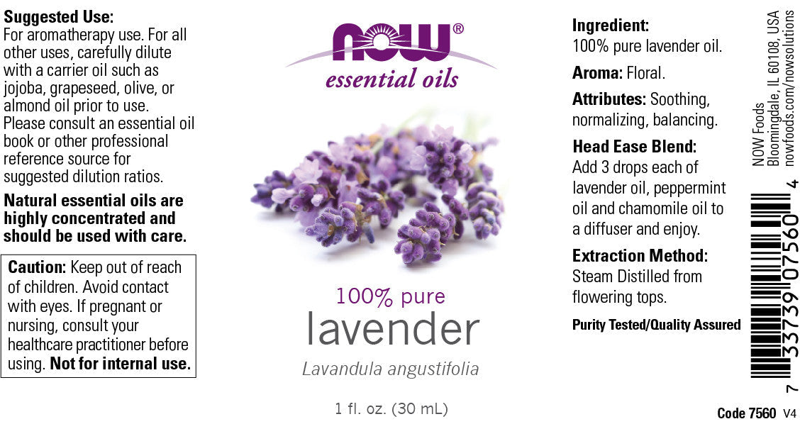 NOW Essential Oils, Lavender Oil, Soothing Aromatherapy Scent, Steam Distilled, 100% Pure, Vegan, Child Resistant Cap, 1-Ounce