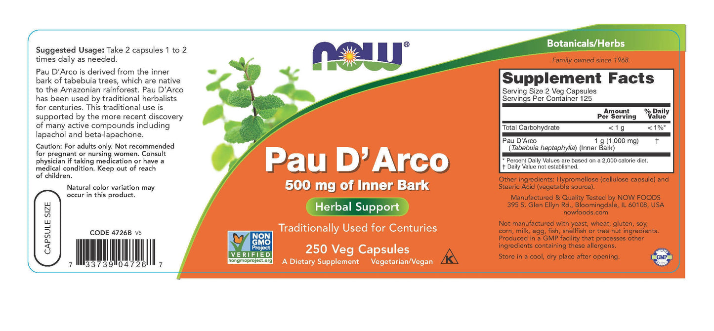 Pau D' Arco 500 mg 250 Capsules | By Now Foods - Best Price