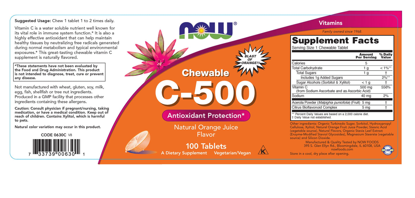 Chewable C-500 Natural Orange Juice Flavor 100 Tablets