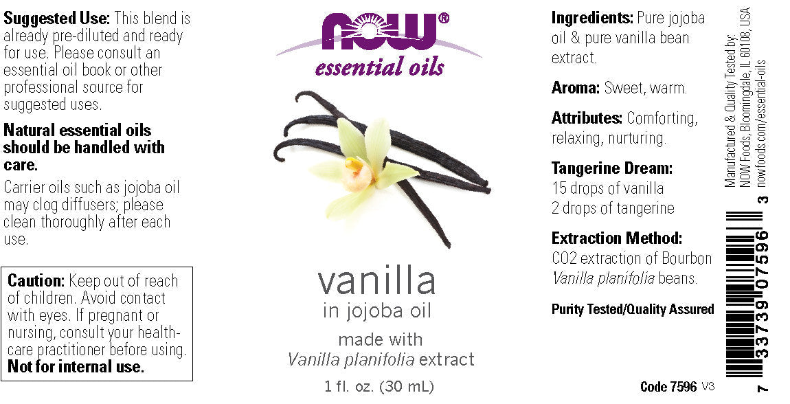 NOW Essential Oils, Vanilla Oil, Blend of Pure Vanilla Bean Extract in Pure Jojoba Oil, Sweet Aromatherapy Scent, Vegan, Child Resistant Cap, 1-Ounce