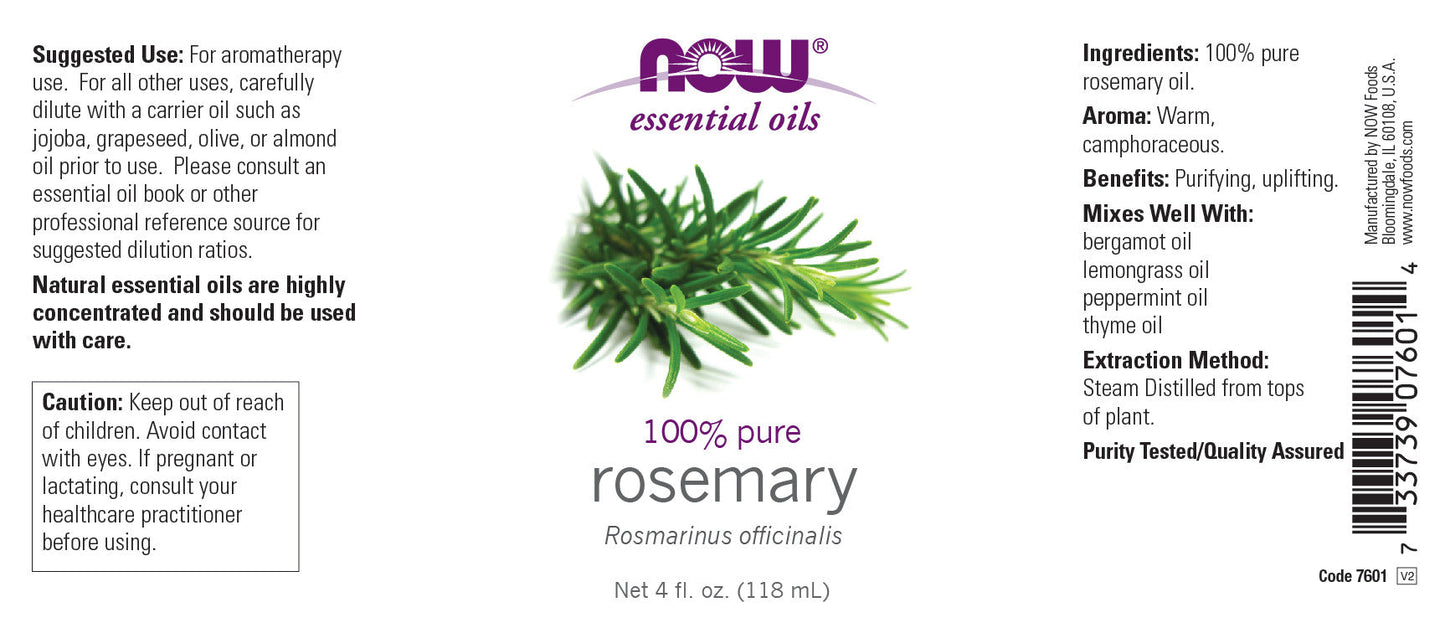 NOW Essential Oils, Rosemary Oil, Purifying Aromatherapy Scent, Steam Distilled, 100% Pure, Vegan, Child Resistant Cap, 4-Ounce