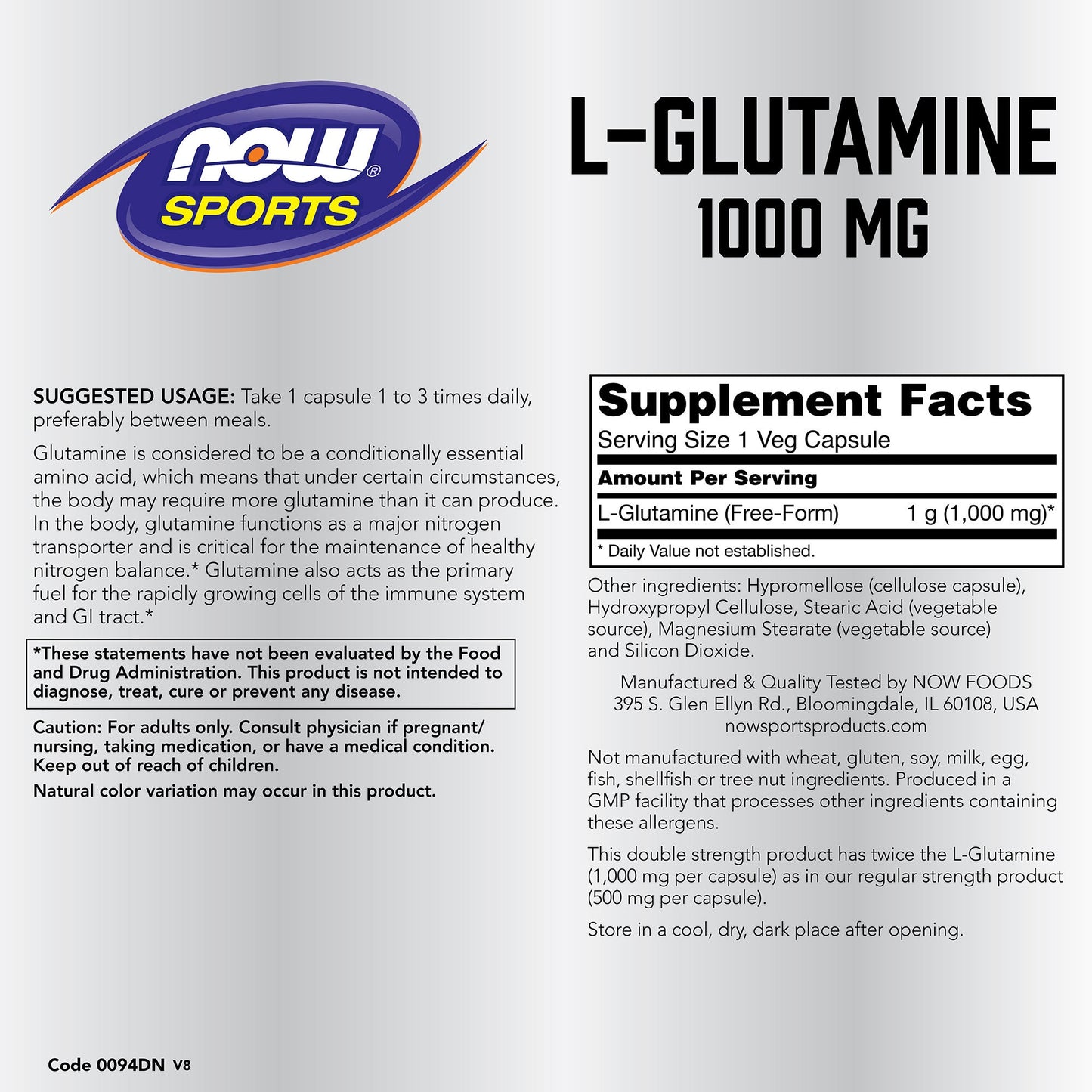 Now Sports, L-Glutamine 1000 mg 120 Capsules