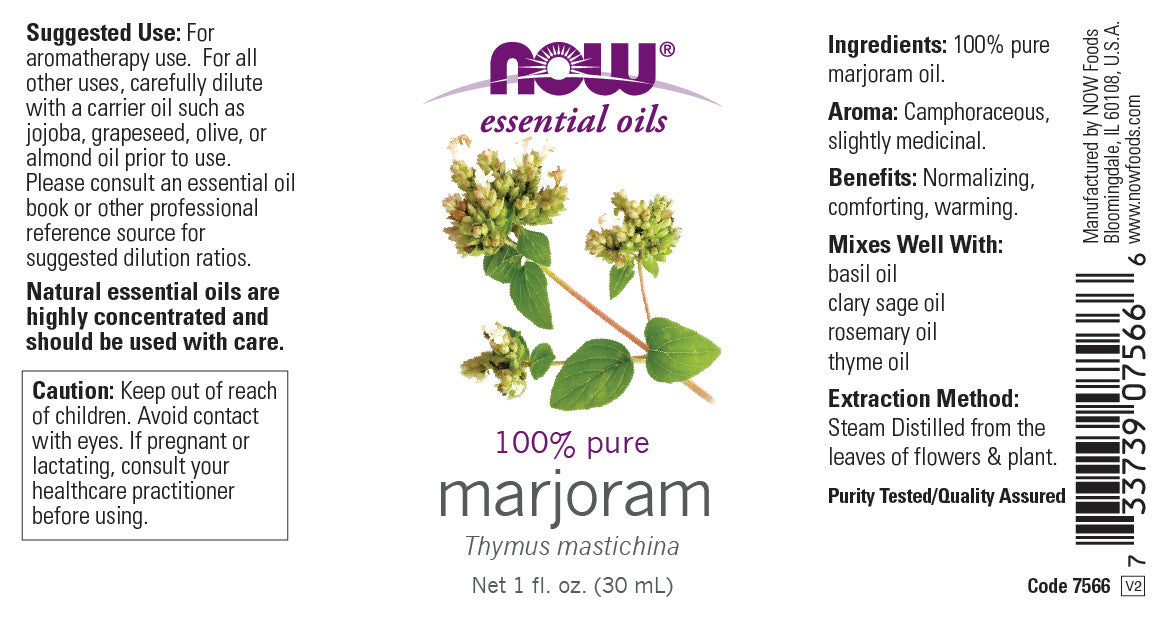 NOW Essential Oils, Marjoram Oil, Normalizing Aromatherapy Scent, Cold Pressed, 100% Pure, Vegan, Child Resistant Cap, 1-Ounce