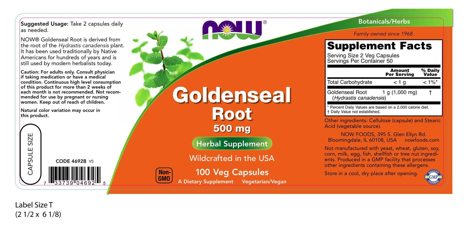 Goldenseal Root 500 mg 100 Capsules | By Now Foods - Best Price