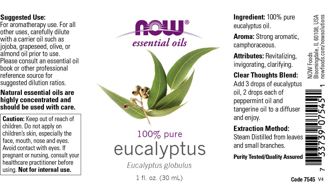 NOW Essential Oils, Eucalyptus Oil, Clarifying Aromatherapy Scent, Steam Distilled, 100% Pure, Vegan, Child Resistant Cap, 1-Ounce