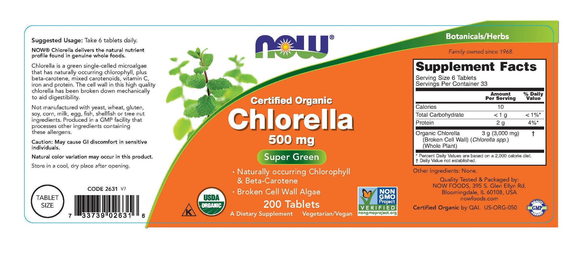 Chlorella Certified Organic 500 mg 200 Tablets | By Now Foods - Best Price